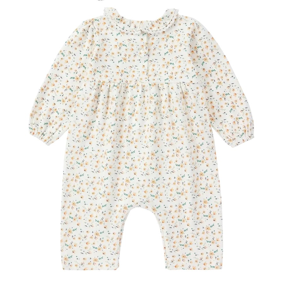 Organic Floral Lace Trim Snap Romper | Cream Floral