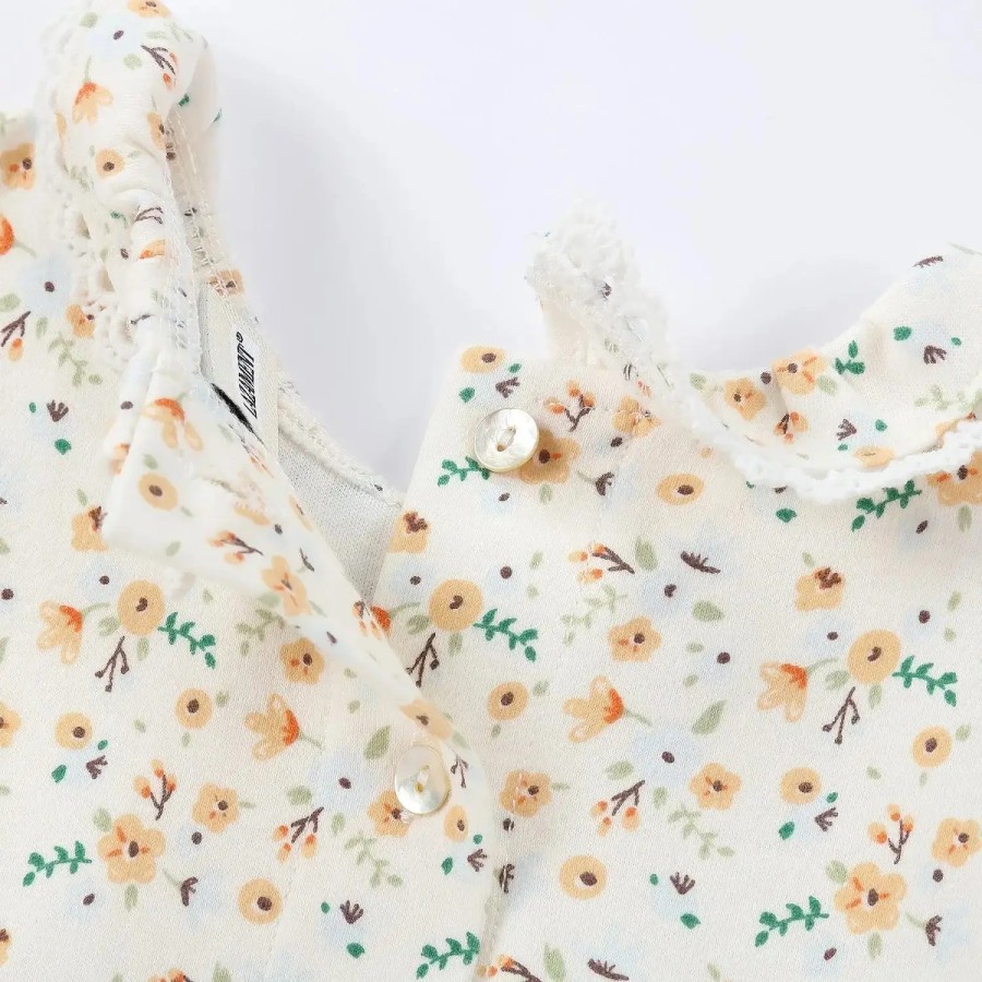 Organic Floral Lace Trim Snap Romper | Cream Floral