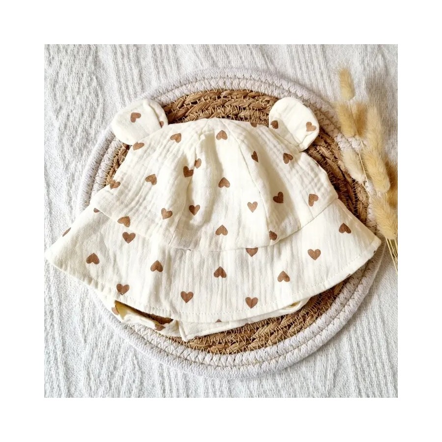 Muslin Hat For Baby | Beige with Hearts