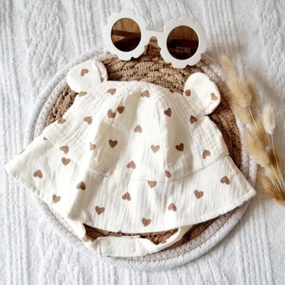 Muslin Hat For Baby | Beige with Hearts