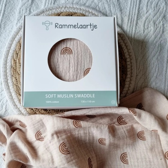 Soft Muslin Swaddle  | Old Pink with Rainbow