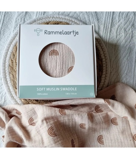 Soft Muslin Swaddle  | Old Pink with Rainbow