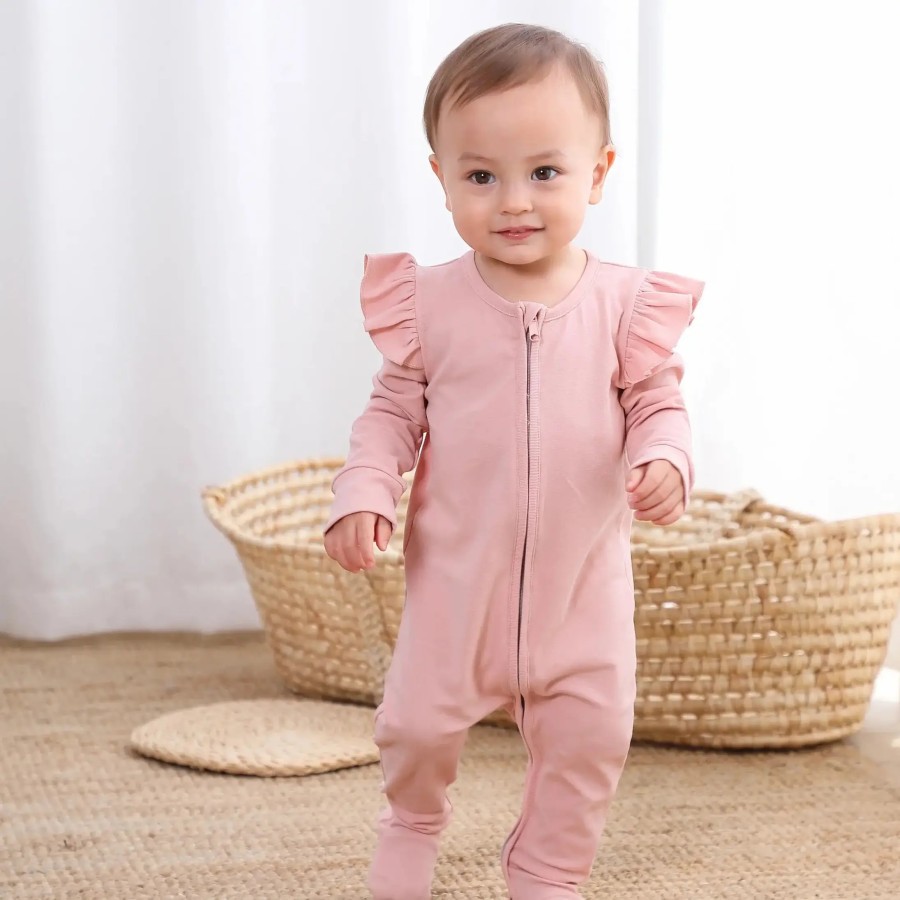 Organic Ruffle LS Zipper Romper | Pink