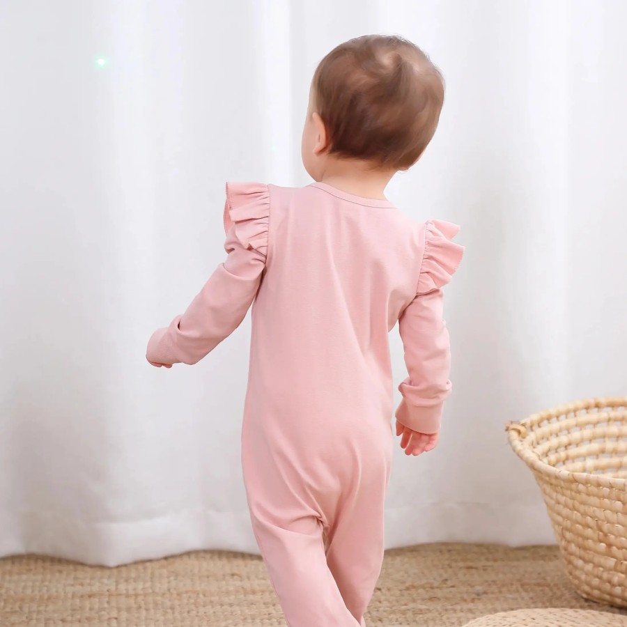 Organic Ruffle LS Zipper Romper | Pink