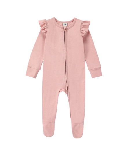 Organic Ruffle LS Zipper Romper | Pink