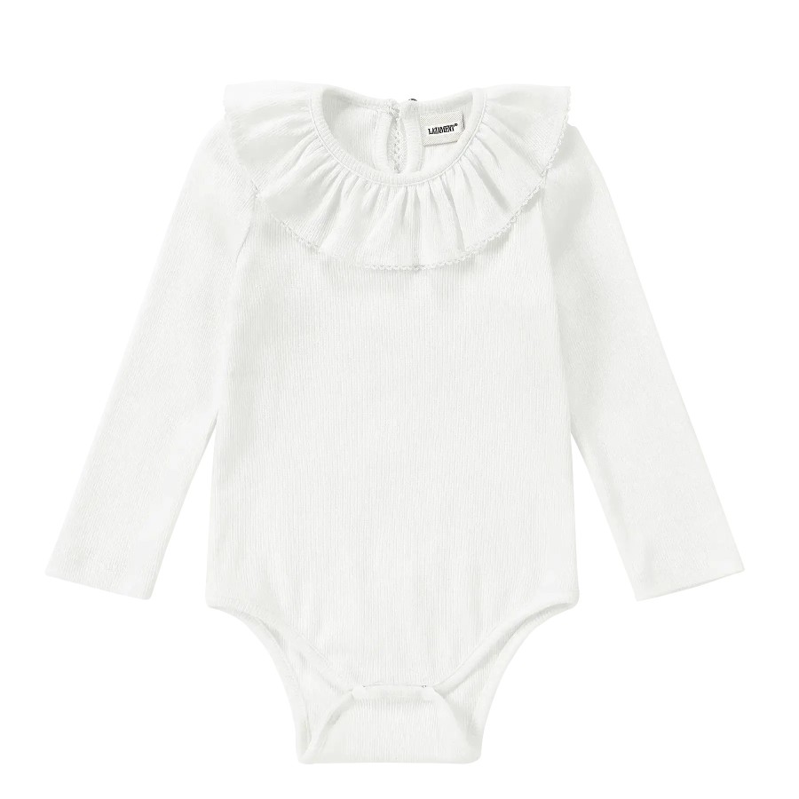 Organic Ruffle LS Neckline Bodysuit | White Organic Ruffle LS Neckline Bodysuit | White