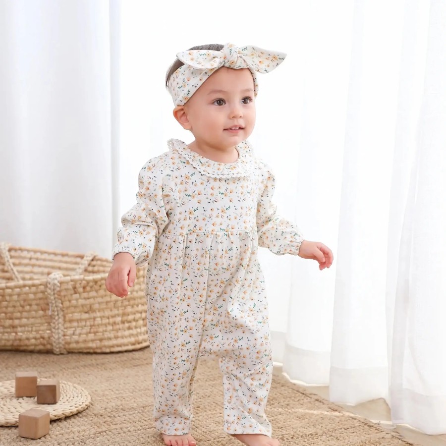 Organic Floral Lace Trim Snap Romper | Cream Floral